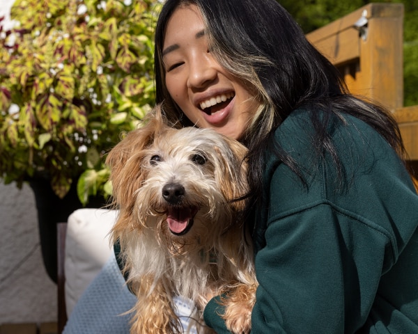 Kleiner Hund mit Tierbesitzerin