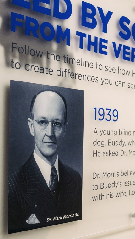 A timeline of Hill’s history on a wall inside the Hill’s Pet Nutrition Centre